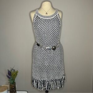 Soft Surroundings Crochet Knit Fringe Navy and White Summer Mini Dress Sz M